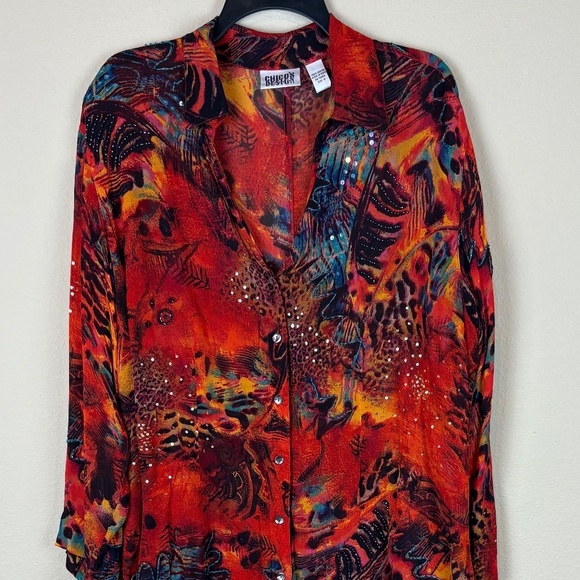 Chico's Design Vintage Rust/Orange/Blue Sheer Duster Mixed Animal Print; Size 3 - Picture 2 of 15